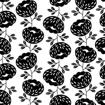 Seamless floral pattern based on traditional folk art ornaments. Black flowers Stock Illustration