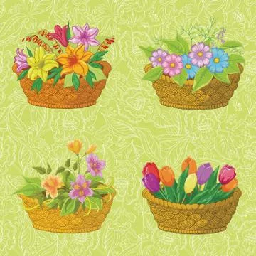 Seamless floral pattern, baskets with flowers Illustrazione stock