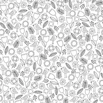 Seamless floral pattern with birds Stock Illustration