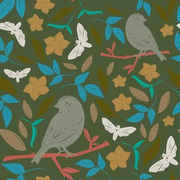Seamless floral pattern with birds Stock Illustration