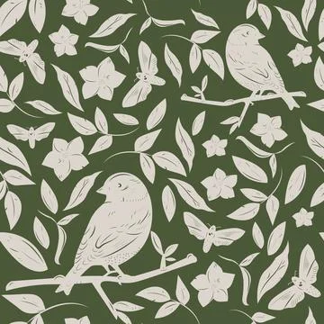 Seamless floral pattern with birds Stock Illustration