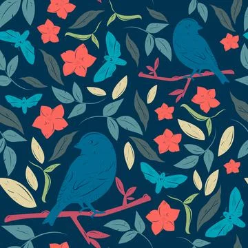 Seamless floral pattern with birds Illustrazione stock
