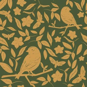 Seamless floral pattern with birds Stock Illustration