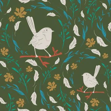 Seamless floral pattern with birds Stock Illustration