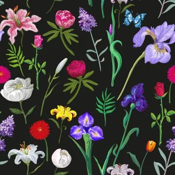 Seamless floral pattern on black background Stock Illustration