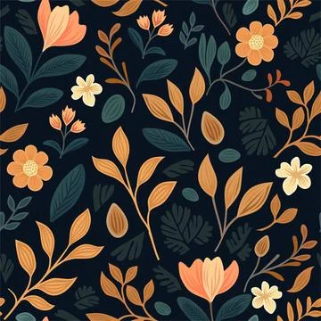 Seamless Floral Pattern on Black Background. Vector Stock Illustration