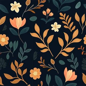 Seamless Floral Pattern on Black Background. Vector Stock Illustration
