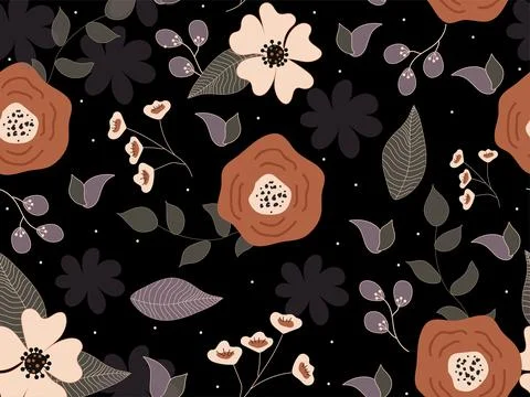 Seamless Floral Pattern on Black Background. Stock Illustration