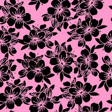 Seamless floral pattern of black contour flowers on a pink background Illustrazione stock