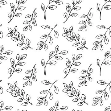 Seamless floral pattern with black hand drawn leaves on white background. Stock Illustration