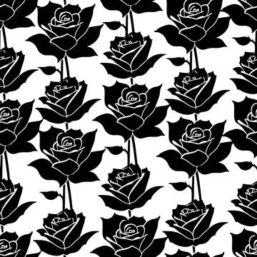 Seamless floral pattern of black roses on a white background, texture, design Stock Illustration