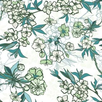 Seamless floral pattern with blossoming cherry or sakura Stock Illustration