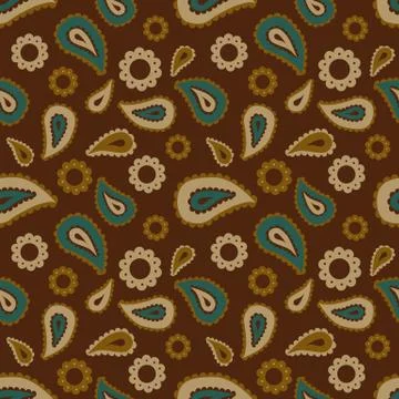 Seamless floral pattern with blue, beige and brown plants, flowers and leaves Stock Illustration