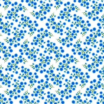 Seamless floral pattern with blue cornflower like blooms, green stems on white Stock Illustration