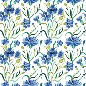Seamless Floral Pattern with Blue Cornflowers on White Illustrazione stock