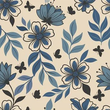 Seamless Floral Pattern with Blue Flowers and Butterflies on a Light Backgr.. Stock Illustration