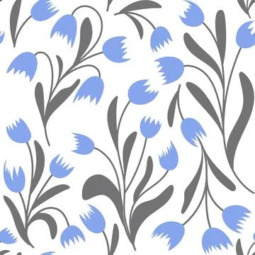 Seamless floral pattern of blue Lily of the valley. Contour silhouette drawing Stock Illustration