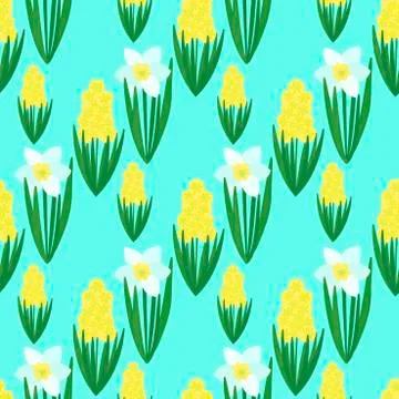 Seamless floral pattern on a blue mint background. Hand-drawn white Daffodils Illustrazione stock
