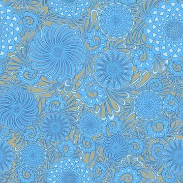 Seamless floral pattern with blue stylized flowers on muted brown background Stock Illustration