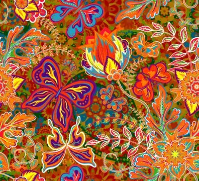 Seamless floral pattern on bright background with colorful fantasy hand draw Stock Illustration