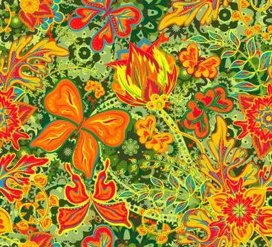 Seamless floral pattern on bright background with colorful fantasy hand draw Ilustração Stock