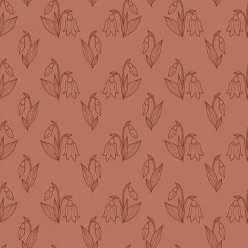 Seamless Floral Pattern on Brown Background. Elegant Linear snowdrop flower.. 스톡 일러스트