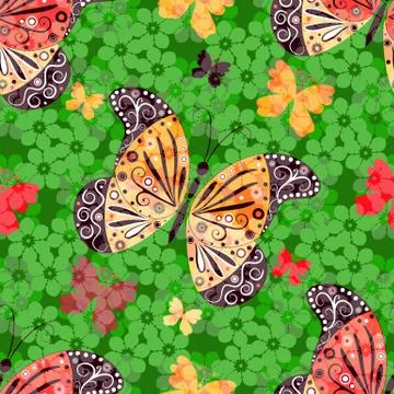 Seamless floral pattern with butterflies Stock Illustration