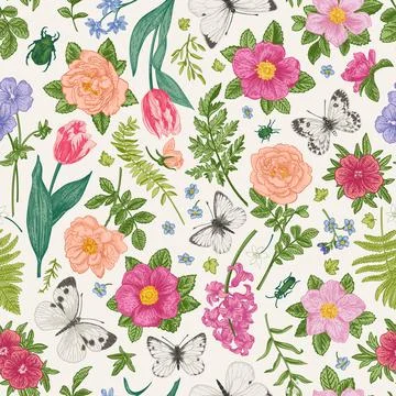 Seamless floral pattern with butterflies. Stock Illustration