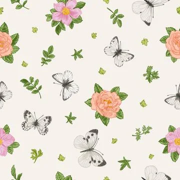 Seamless floral pattern with butterflies. Illustrazione stock