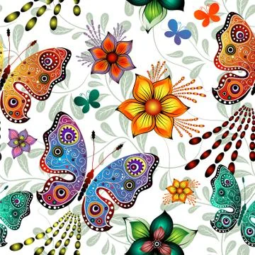 Seamless floral pattern with butterflies (vector) Stock Illustration