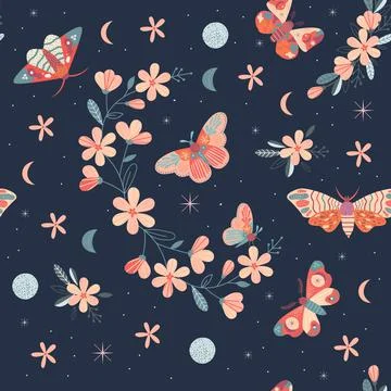 Seamless Floral Pattern with butterfly, moon in vector Illustrazione stock