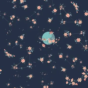 Seamless Floral Pattern with butterfly, moon in vector Stock Illustration