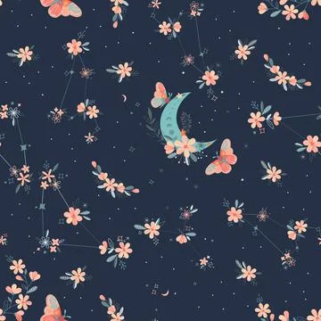Seamless Floral Pattern with butterfly, moon in vector Stock Illustration