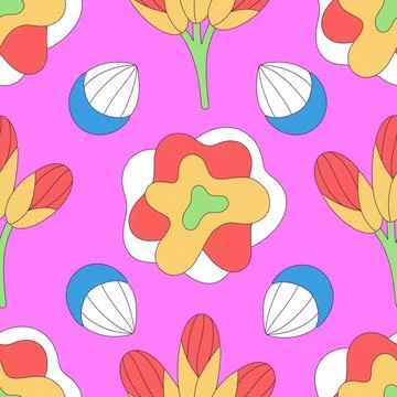 Seamless floral pattern of colorful abstract flowers with black stroke. Flat  Stock Illustration
