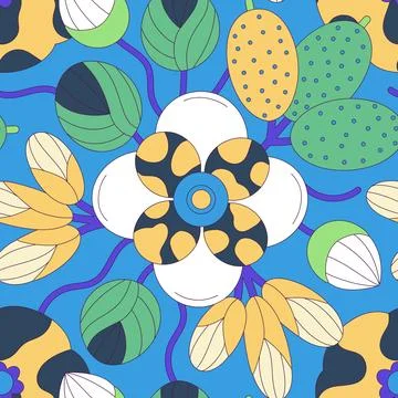 Seamless floral pattern of colorful abstract flowers with black stroke. Flat  Stock Illustration