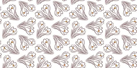 Seamless floral pattern with crocus and buds in line art style. Ideal for Stock Illustration