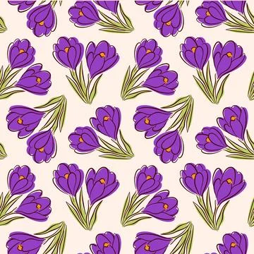 Seamless floral pattern with crocus or saffron flower in flat style. Spring Stock Illustration