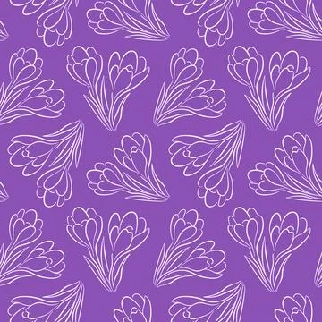 Seamless floral pattern with crocus or saffron flower in line art style on Stock Illustration