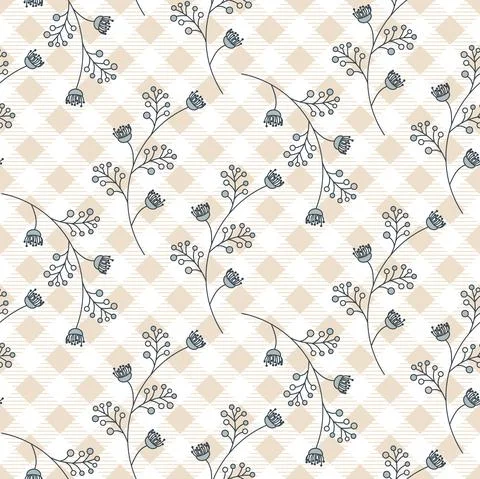 Seamless floral pattern with curve small flowers on tartan checkered background. Stock Illustration