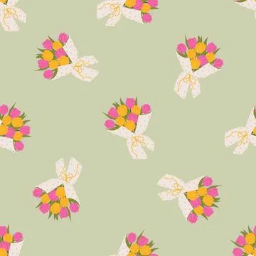 Seamless floral pattern with cute tulip bouquets wrapped in polka dot paper.. Stock Illustration