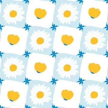 Seamless floral pattern with daisy and yellow tulip on blue white background for イラスト素材
