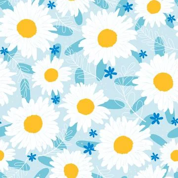Seamless floral pattern with daisy, leaves on blue background for surface design Illustrazione stock