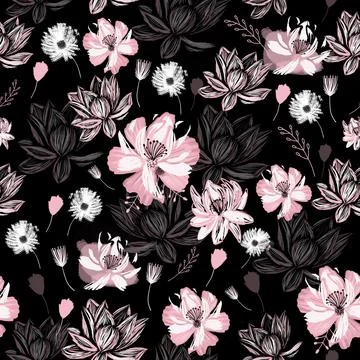 Seamless Floral Pattern on a Dark Background with Pink and White Flowers. Stock Illustration