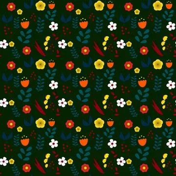 Seamless floral pattern on a dark green background. Bright flowers in doodle Stock Illustration