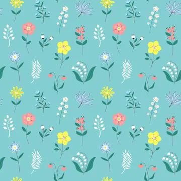 Seamless floral pattern with different flowers, branches, leaves. Stock Illustration