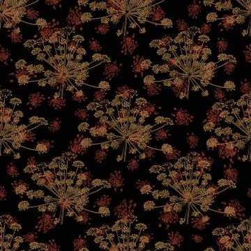 Seamless floral pattern of dill inflorescences on a black background Stock Illustration