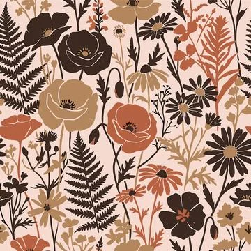 Seamless Floral Pattern with Earthy Tones and Wildflowers. Illustrazione stock