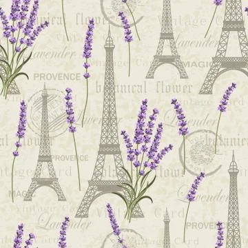 Seamless floral pattern with Eiffel towers on vintage postcard background Stock Illustration