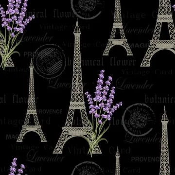 Seamless floral pattern with Eiffel towers on vintage postcard background Stock Illustration