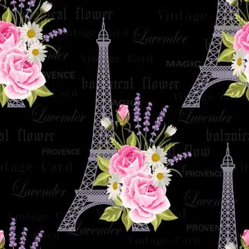 Seamless floral pattern with Eiffel towers on vintage postcard background Stock Illustration